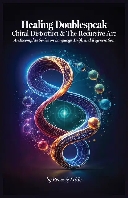 Healing Doublespeak cover picture of a spiral moebius-like shape with similar yet different spheres on both sides of the processing spiral.