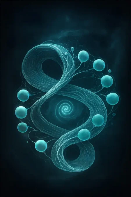 chirality-recursion-arc-cover-art-650 Healing Doublespeak cover picture of a spiral moebius-like shape with similar yet different spheres on both sides of the processing spiral.